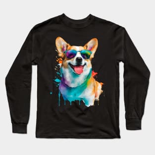 Rainbow Corgi in Sunglasses Funny Corgi Dog Lovers Long Sleeve T-Shirt